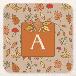 Monogram Thanksgiving Fall Leaves Square Paper Coaster