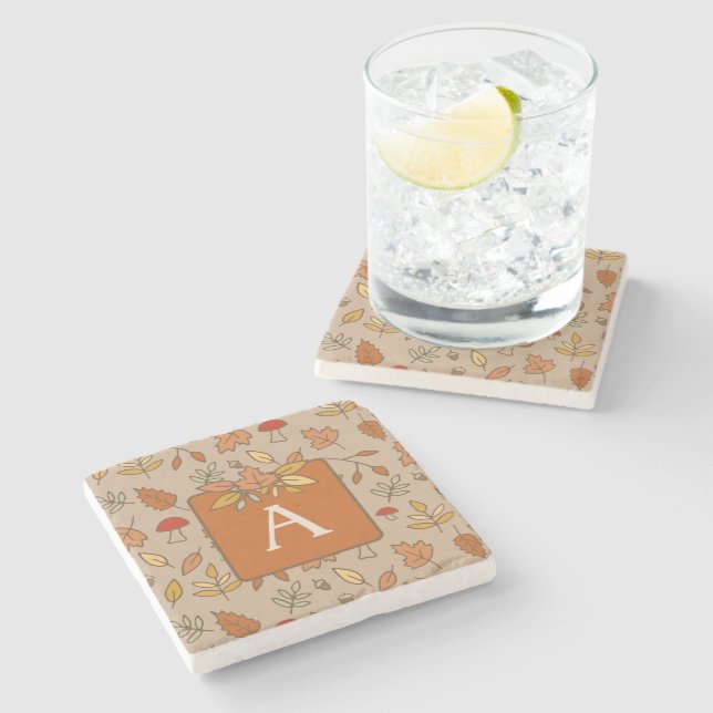 Monogram Thanksgiving Fall Leaves Stone Coaster (Side)