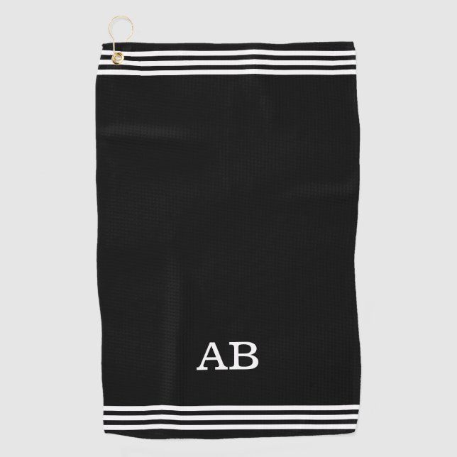 Monogram & Three Stripes on Black Golf Towel (Front)