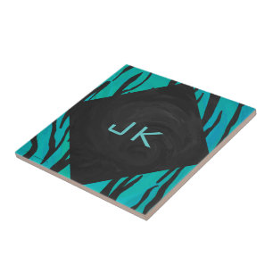 Monogram Tiger Black and Teal Print Pattern Ceramic Tile