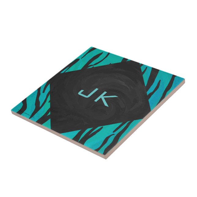 Monogram Tiger Black and Teal Print Pattern Ceramic Tile (Side)