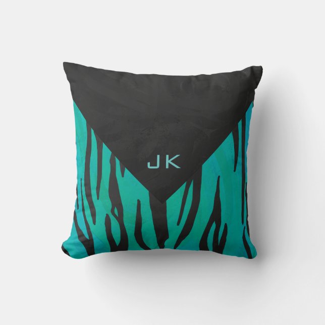 Monogram Tiger Black and Teal Print Pattern Cushion (Front)