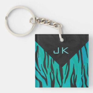 Monogram Tiger Black and Teal Print Pattern Key Ring