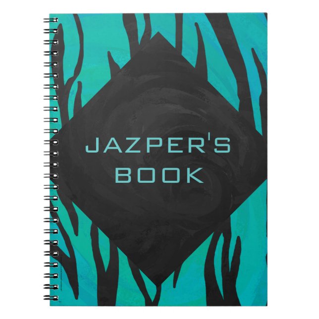 Monogram Tiger Black and Teal Print Pattern Notebook (Front)