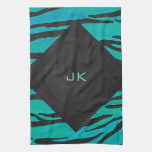 Monogram Tiger Black and Teal Print Pattern Tea Towel