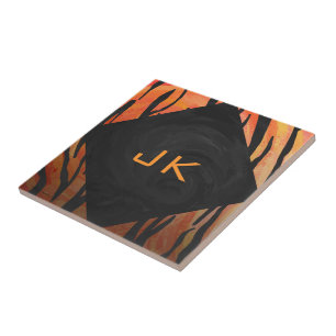 Monogram Tiger Hot Orange and Black Print Pattern Ceramic Tile