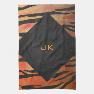 Monogram Tiger Hot Orange and Black Print Pattern Tea Towel