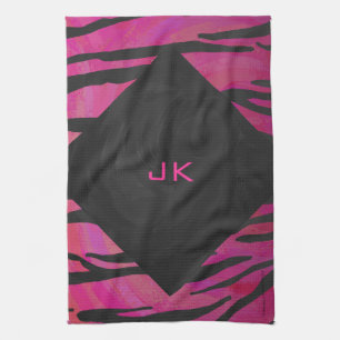 Monogram Tiger Hot Pink and Black Print Pattern Tea Towel