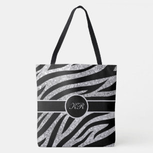 Monogram Tiger Stripe Silver Glitter Sparkle Girly Tote Bag