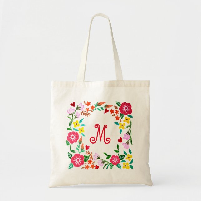 Monogram Tote Bag Floral Custom Monogram Favour ba (Front)