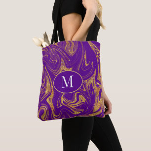 Monogram Tote Bag Gold Glitter Purple Background