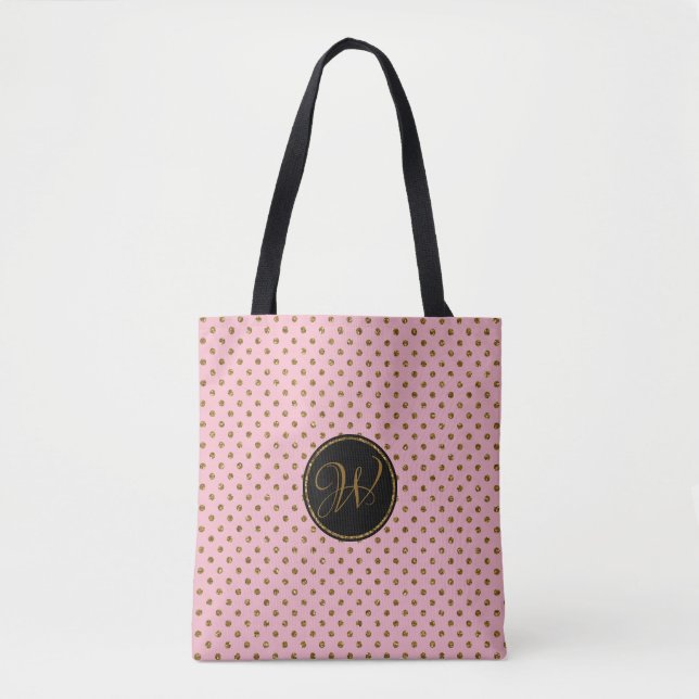 Monogram Tote Bags | Rose Gold Glitter Polka Dots (Front)
