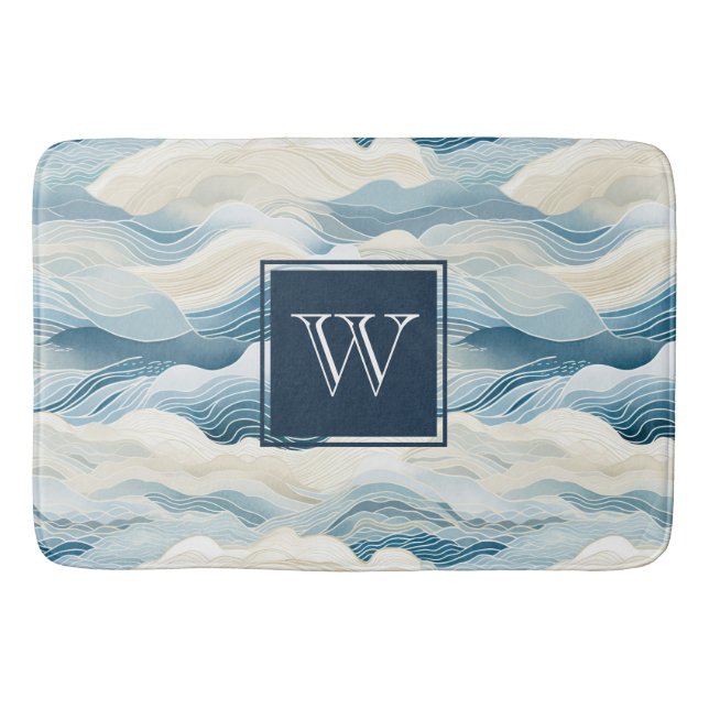 Monogram Tranquil Blue and White Wave Pattern Bath Mat (Front)