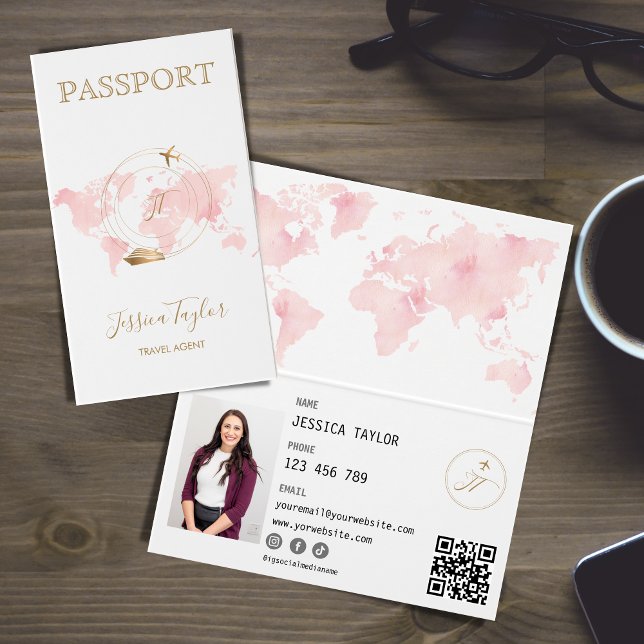 Monogram Travel Agent Passport World Map Photo Business Card (Creator Uploaded)