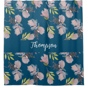 Monogram trendy navy blue floral pattern stylish shower curtain