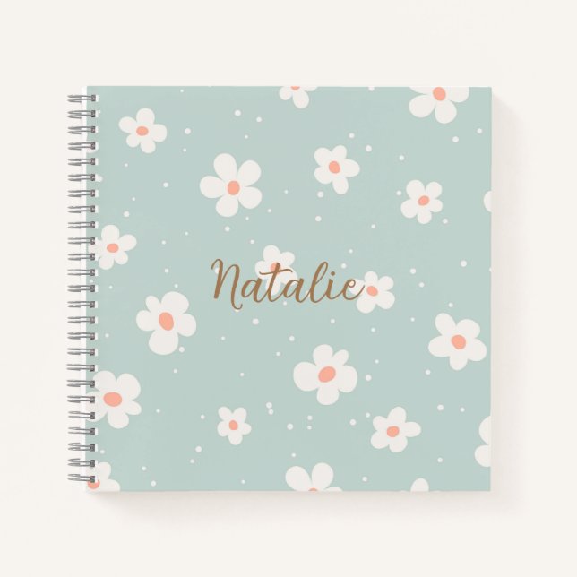 Monogram trendy pastel floral pattern blue white notebook (Front)