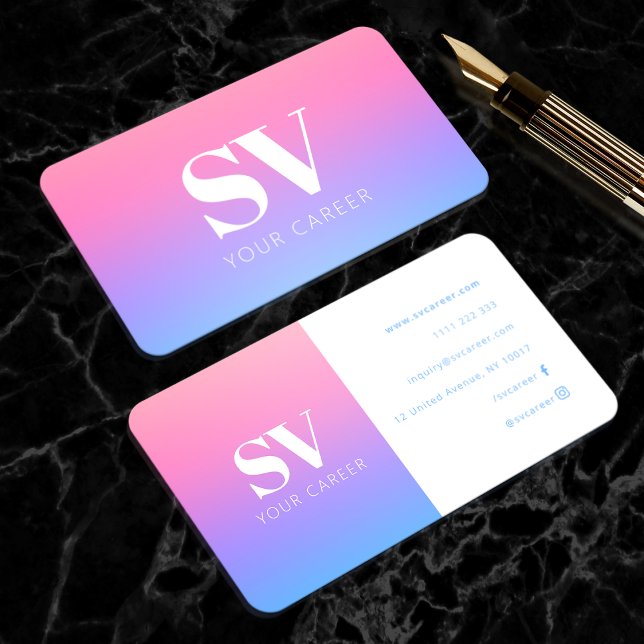 Monogram Trendy Pink Purple Gradient Minimal  Business Card (In Situ)