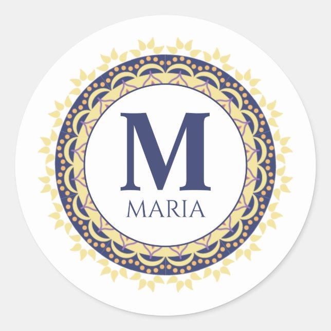 Monogram Trendy Typography Chic blue Name Classic Round Sticker (Front)