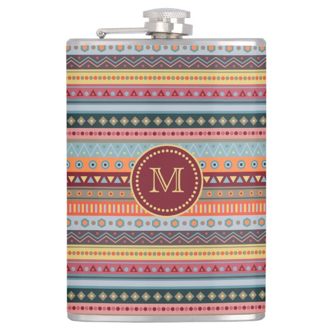 Monogram Tribal Colourful Geometric Pattern Flask (Front)