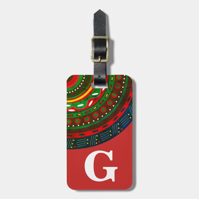 Monogram, Tribal Inspired Pattern, Red Luggage Tag (Front Vertical)