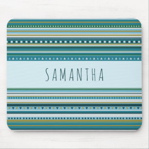 Monogram Tribal Teal Blue Stripes Pattern Mousepad