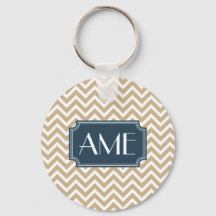 Monogram Trio Sand Chevron Navy Label Key Ring