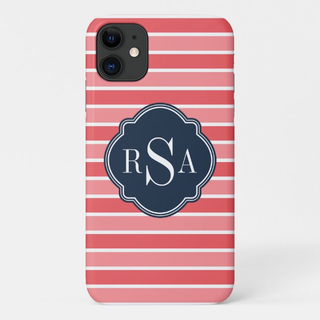 Monogram Trio Watermelon Pink Stripes Pattern Case-Mate iPhone Case (Back)