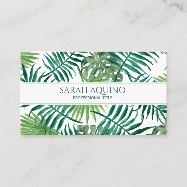 Monogram Tropical Banana Palm Leaves Botanical Business Card (Front)