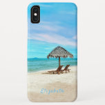 Monogram Tropical Beach Scene iPhone XS Max Case<br><div class="desc">This design is a relaxing beach scene with two thatched chairs and an umbrella overlooking a cool blue ocean. You can personalise this photography design with your name,  and the text colour can be changed in the Edit Menu. It's tranquil and exotic!</div>