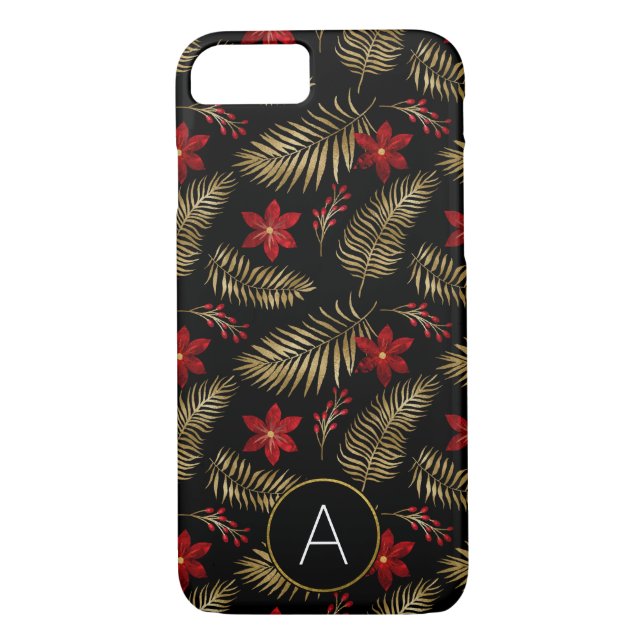 Monogram Tropical Black and Gold Foil Leaves Case-Mate iPhone Case (Back)