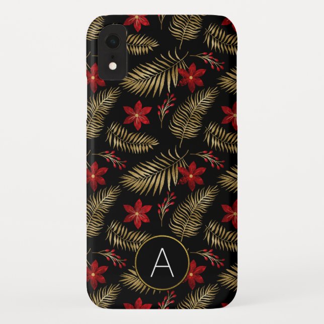 Monogram Tropical Black and Gold Foil Leaves Case-Mate iPhone Case (Back)
