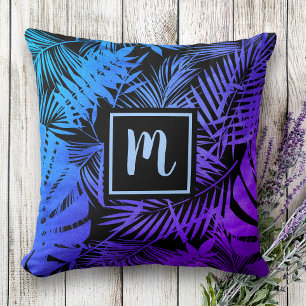 Monogram tropical blue purple ombre leaf pattern cushion