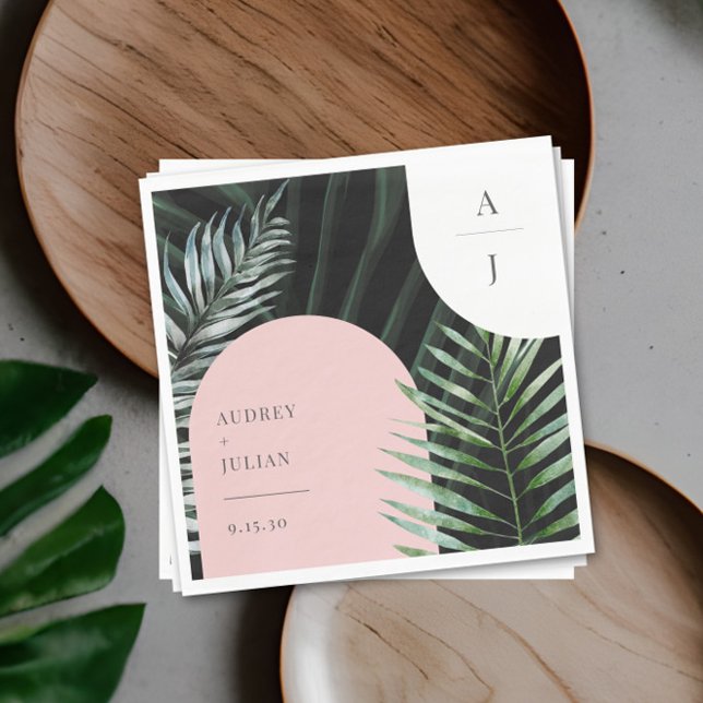 Monogram Tropical Blush Pink Arch Palm Leaves Napkin (Creator Uploaded)