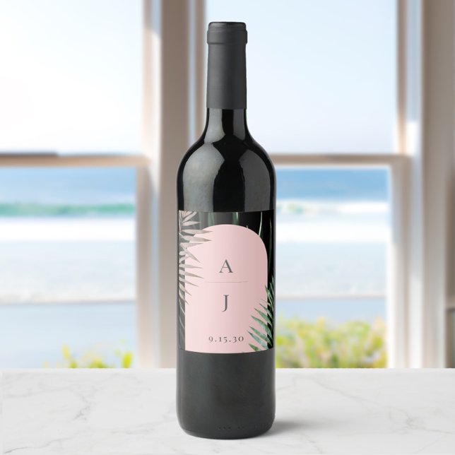 Monogram Tropical Blush Pink Arch Palm Leaves Wine Label (Creator Uploaded)