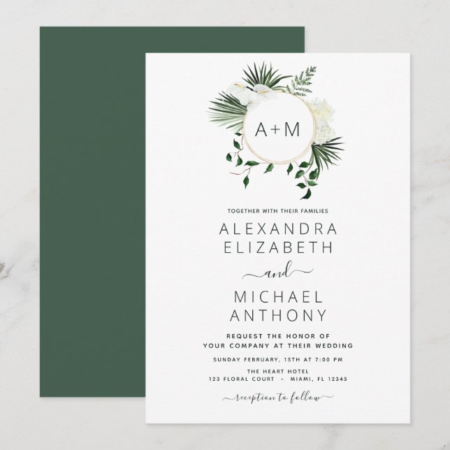 Monogram Tropical Emerald Green Wedding Invitation (Front/Back)
