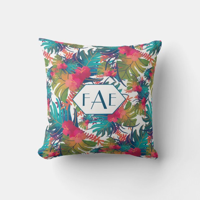 Monogram Tropical Floral Throw Pillow (Front)