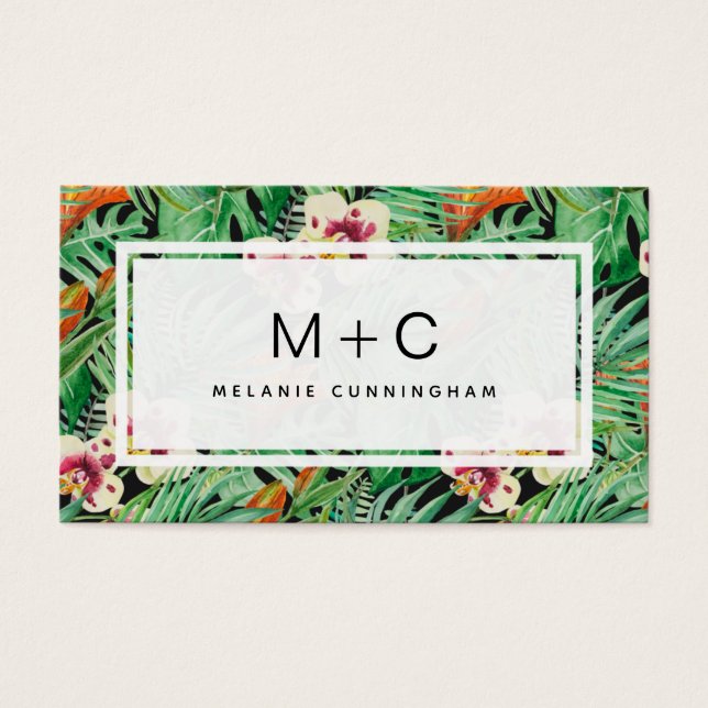 Monogram Tropical Leaves Business Cards (Front)