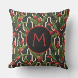Monogram Tropical Leaves Ginger Geometric Pattern Cushion