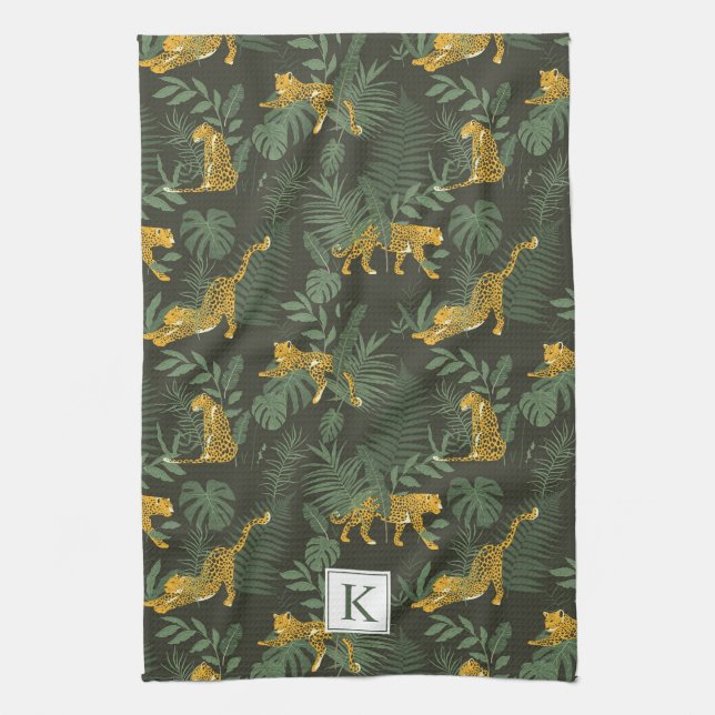 Monogram Tropical Leopard Jungle Cat Tea Towel (Vertical)