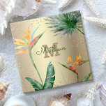 Monogram Tropical Palm Foliage Floral Script Gold  Ceramic Tile<br><div class="desc">Bring a bit of elegant tropical hospitality to your home all year long whenever you use this chic, modern custom monogram ceramic tile. Stunning, sophisticated, colourful, tropical watercolor birds of paradise flowers, faux gold glitter, and personalised calligraphy script with a bold monogram initial, overlay a stylish, glam brushed gold foil...</div>