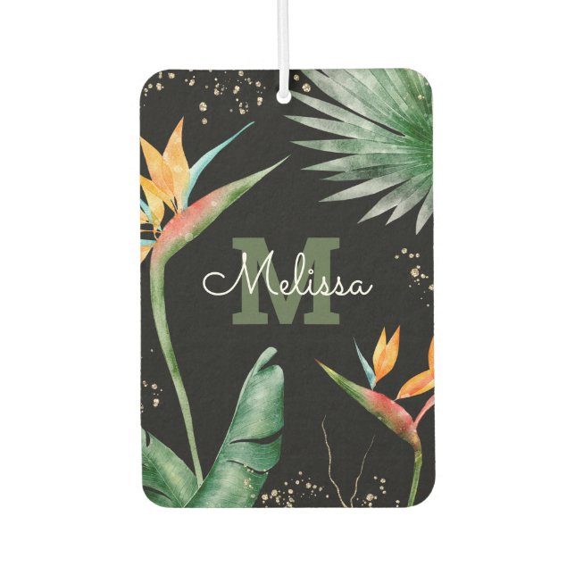Monogram Tropical Palm Foliage Gold Black Script Car Air Freshener (Front)