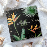 Monogram Tropical Palm Foliage Script Gold Black Ceramic Tile<br><div class="desc">Bring a bit of elegant tropical hospitality to your home all year long whenever you use this chic, modern custom monogram ceramic tile. Stunning, sophisticated, colourful, tropical watercolor birds of paradise flowers, faux gold glitter, and personalised calligraphy script with a bold monogram initial, overlay a dramatic black background. Personalise with...</div>