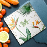 Monogram Tropical Palm Foliage Script Gold White Ceramic Tile<br><div class="desc">Bring a bit of elegant tropical hospitality to your home all year long whenever you use this chic, modern custom monogram ceramic tile. Stunning, sophisticated, colourful, tropical watercolor birds of paradise flowers, faux gold glitter, and personalised calligraphy script with a bold monogram initial, overlay a chic, airy white background. Personalise...</div>