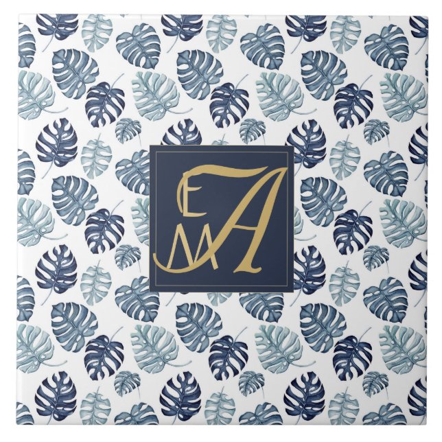 Monogram Tropical Palm Navy Blue Gold Wedding Ceramic Tile (Front)