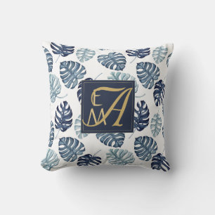 Monogram Tropical Palm Navy Blue Gold Wedding Cushion