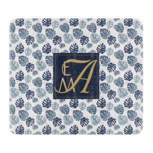 Monogram Tropical Palm Navy Blue Gold Wedding Cutting Board