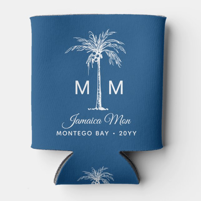 Monogram Tropical Palm Tree Personalized Name Can Cooler (Front)