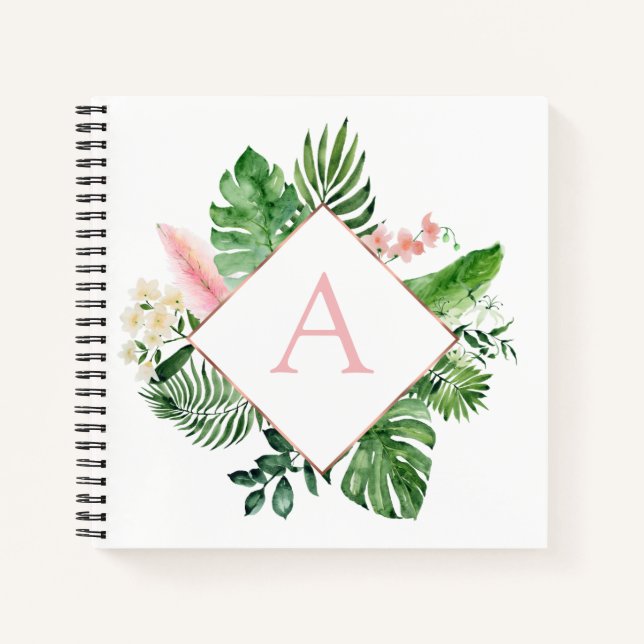 Monogram Tropical Palms Green White Botanical Notebook (Front)