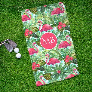 Monogram Tropical Pink Flamingo Floral Girly Golf Towel