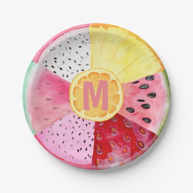 Monogram Tropical Summer Fruit Tutti Fruitti Paper Plate (Front)